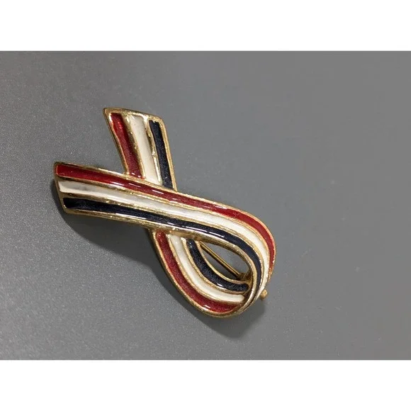 American Flag Ribbon Brooch Red White Blue Enamel Patriotic Pin - Picture 6 of 8